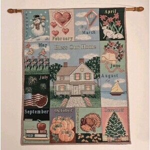EUC Hanging Holiday Monthly Calendar Woven 90's Tapestry Wall Art Americana